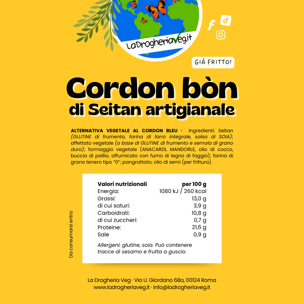 Etichetta Cordon Bòn da 260 g con ingredienti, allergeni e valori nutrizionali